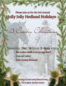 Invite to Hedlund House Christmas event with an image of a cowboy leading a horse in the snow. 