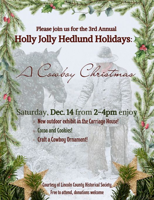 Invite to Hedlund House Christmas event with an image of a cowboy leading a horse in the snow.