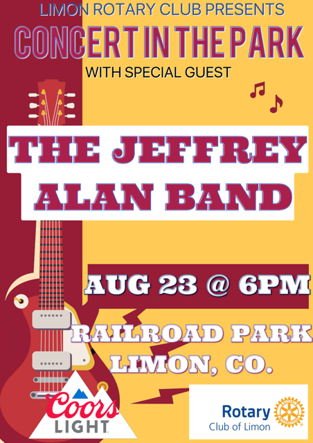 A concert poster with a split background: maroon on the left and yellow on the right. It announces "LIMON ROTARY CLUB PRESENTS CONCERT IN THE PARK WITH SPECIAL GUEST THE JEFFREY ALAN BAND". The band name is in large, bold, reddish-purple text on white and yellow rectangular backgrounds. A red electric guitar is prominently featured on the left side of the poster, extending from top to bottom. Musical notes float above the band name. Event details are in white text on the yellow background: "AUG 23 @ 6PM RAILROAD PARK LIMON, CO." The bottom includes the Coors Light logo and the Rotary Club of Limon logo with a Rotary International emblem.