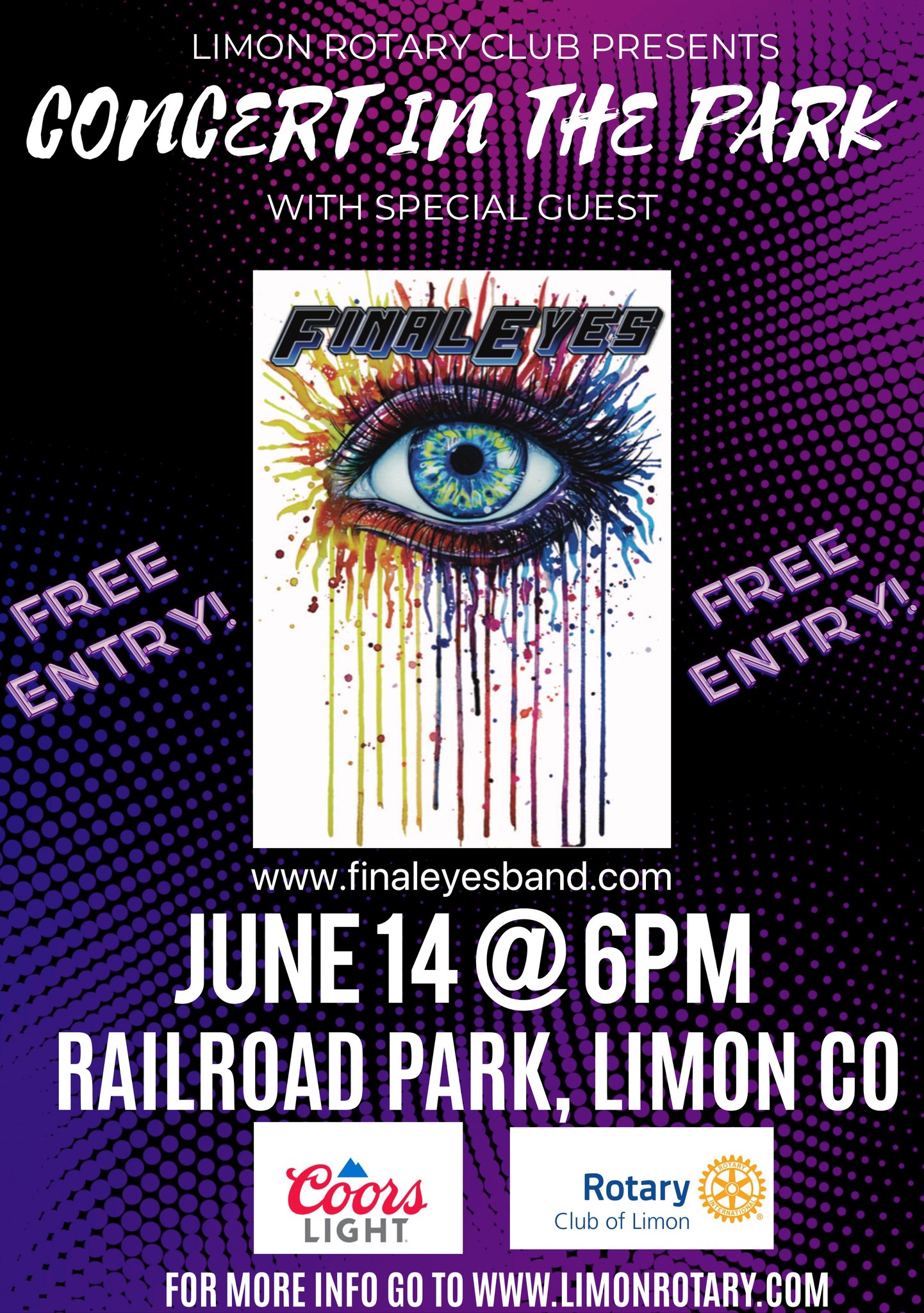 June 14 Concert in the Park featuring band "Final Eyes" poster states free admission and the concert starts at 6 pm in the Railroad Park in Limon, CO