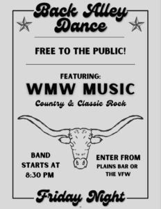 A vintage-style poster on a light gray background announcing a "Back Alley Dance." The title "Back Alley Dance" is in a decorative script font at the top, flanked by two stars. Below, it prominently states "FREE TO THE PUBLIC!" followed by "FEATURING: WMW MUSIC" in bold black text. Underneath, it specifies "Country & Classic Rock." A large, stylized outline of a longhorn skull and horns is centered below the band name. At the bottom, it reads "BAND STARTS AT 8:30 PM" on the left and "ENTER FROM PLAINS BAR OR THE VFW" on the right. "Friday Night" is written in a matching script font at the very bottom.

