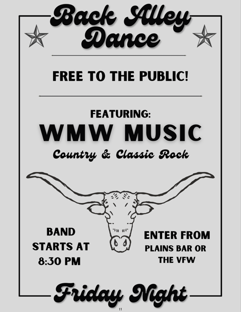 A vintage-style poster on a light gray background announcing a "Back Alley Dance." The title "Back Alley Dance" is in a decorative script font at the top, flanked by two stars. Below, it prominently states "FREE TO THE PUBLIC!" followed by "FEATURING: WMW MUSIC" in bold black text. Underneath, it specifies "Country & Classic Rock." A large, stylized outline of a longhorn skull and horns is centered below the band name. At the bottom, it reads "BAND STARTS AT 8:30 PM" on the left and "ENTER FROM PLAINS BAR OR THE VFW" on the right. "Friday Night" is written in a matching script font at the very bottom.