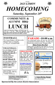 2025 Limon Homecoming in Limon, CO—Sept 20: 8–10 a.m. pancake breakfast, 10 a.m. parade on E Ave, BBQ lunch, and 2 p.m. Badgers football.