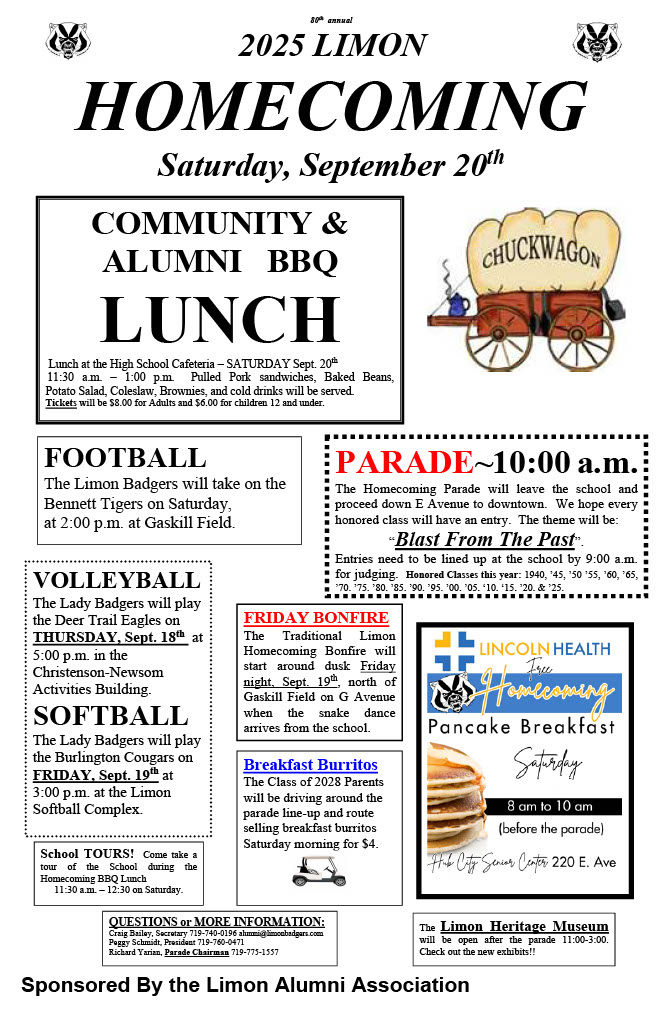 Limon Homecoming 2025 poster with schedule: parade 10 a.m., pancake breakfast 8–10 a.m., BBQ lunch 11:30–1, football 2 p.m., plus volleyball, softball, bonfire, museum hours.