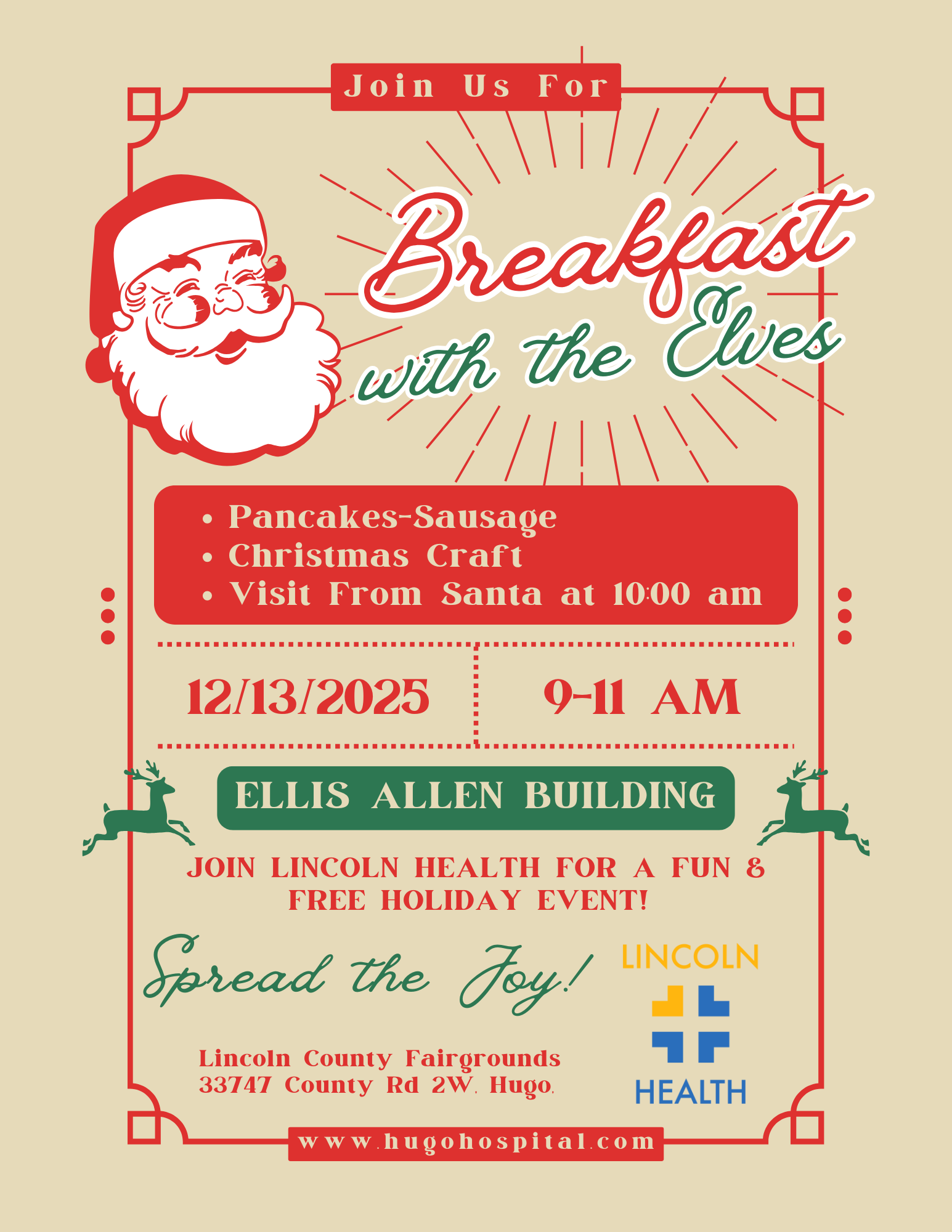Flyer for Lincoln Health’s “Breakfast with the Elves” event, featuring Santa illustration, event details, and festive holiday design elements in red and green.