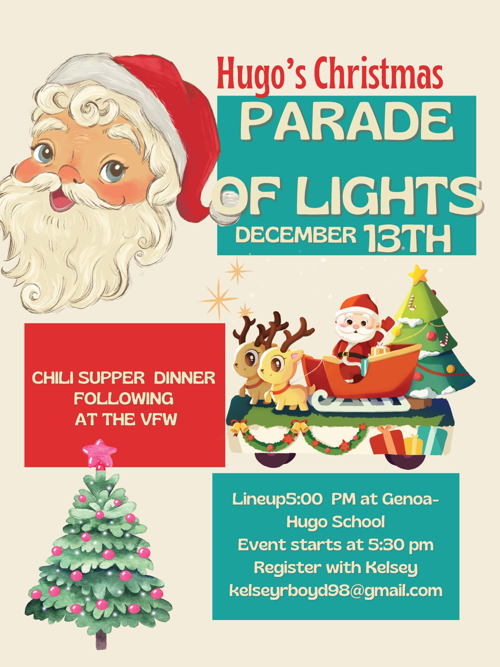 Flyer for Hugo’s Christmas Parade of Lights on December 13th, featuring vintage-style Santa art, a festive sleigh float illustration, event lineup time, and notice of a chili supper following at the VFW.