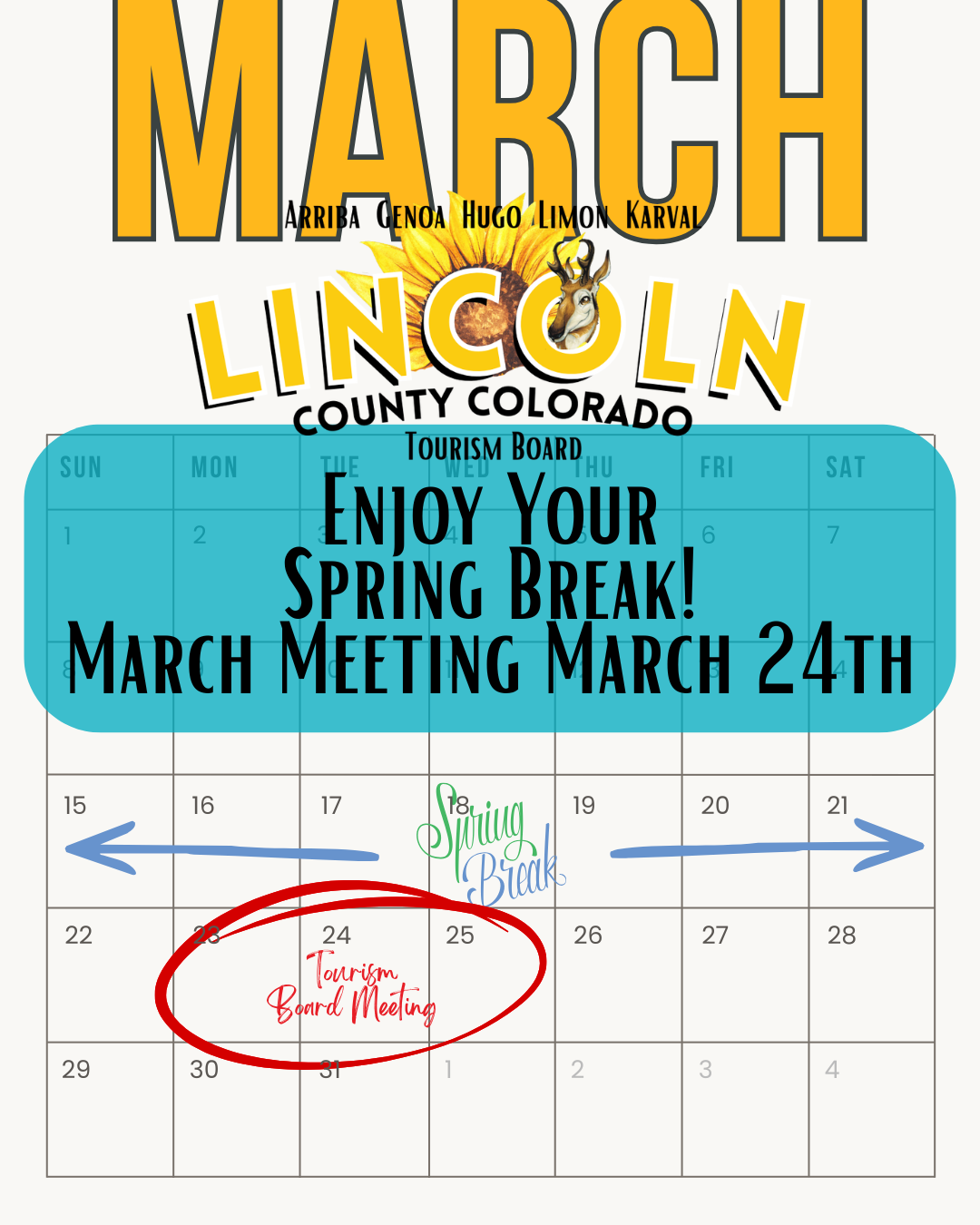 Lincoln County Tourism Board March meeting date changed due to Spring Break. Meeting is March 24 at 5 PM.