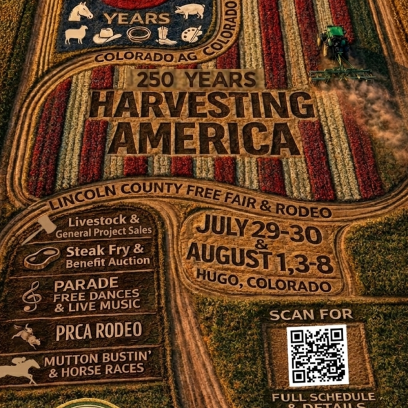 Lincoln County Fair and Rodeo 2026 poster featuring Colorado agriculture field art design, PRCA rodeo, parade, livestock shows, and events in Hugo, Colorado July 29–30 and August 1, 3–8