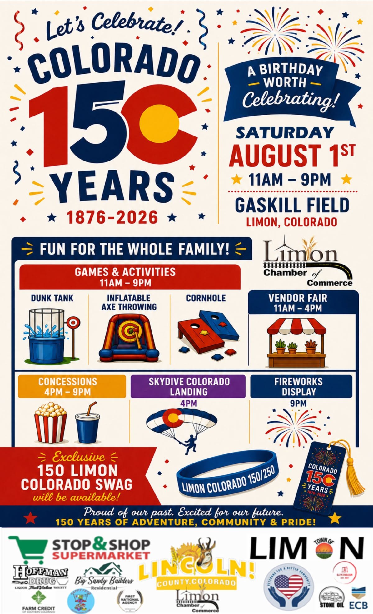 Colorado 150th birthday celebration at Gaskill Field in Limon on August 1, 2026