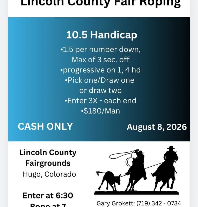 Lincoln County Fair Team Roping on August 8, 2026, at the fairgrounds in Hugo
