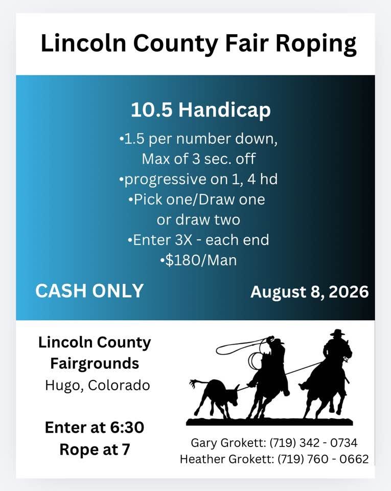 Lincoln County Fair Team Roping on August 8, 2026, at the fairgrounds in Hugo