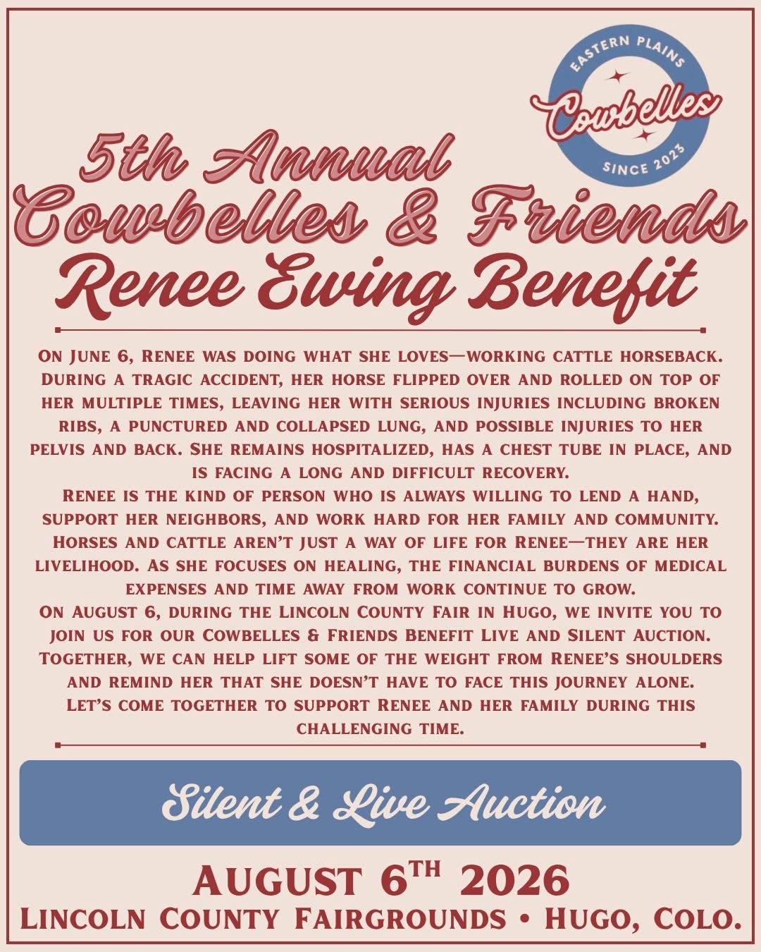 5th Annual Cowbelles and Friends Renee Ewing Benefit on August 6, 2026, at the Lincoln County Fairgrounds in Hugo, Colorado
