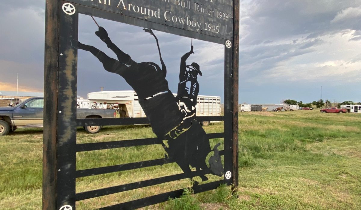 A Metal sign at the Lincoln County Fairgrounds memorializing local rodeo legend Kid Fletcher