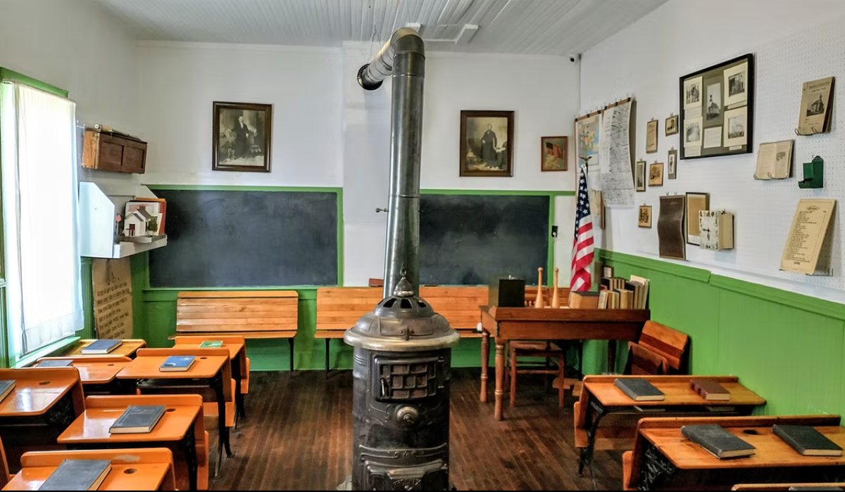This is the One-Room School House that originally was located 17 miles north of Genoa. It was built in 1894. Students sat in desks according to age and size, with the youngsters in front and the big kids in back. Books were shared and work was often done on slate instead of paper.